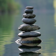 Smooth stones stacked in a balanced tower reflected in tranquil water, image depicting relaxation,
