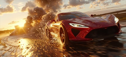 A red supercar races on a wet road with dynamic splashing and sun setting in the background, AI