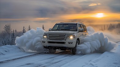 Classic 4x4 big SUV speeds through a snowy forest road at sunset, kicking up a trail of snow, AI