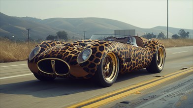 Vintage roadster with an animal pattern design driving on a highway through rolling hills, AI