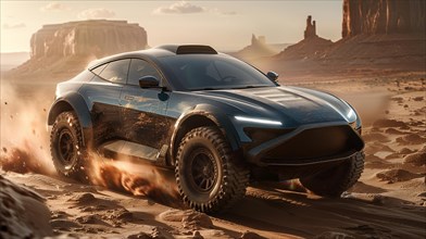 Dusty trail follows an electric concept car racing through a desert landscape, AI generated