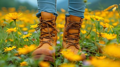 Close-up of hiking boots amidst vibrant yellow flowers, denoting an outdoor adventure, AI generated