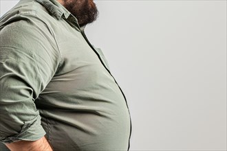 Close up of fat belly of heavily obese man in shirt on white background. KI generiert, generiert,