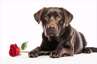 Dog with single red rose on white studio background. KI generiert, generiert, AI generated