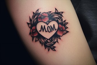 Close up of heart shaped tattoo with flowers and text 'MOM'. KI generiert, generiert, AI generated