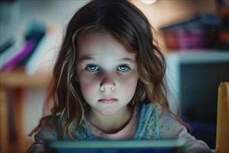 A pre-school girl sits in a classroom and looks tiredly at a digital tablet, symbol image, digital