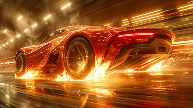 Red sports car racing through a tunnel with fire effects, action sports photography, AI generated