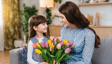 A little girl presents her smiling mother with a colourful bouquet of tulips in a comfortably