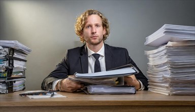 Young man in light-coloured suit sits overworked at a desk with piles of paper, symbolism