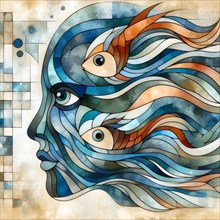 Watercolor abstraction of a woman's face and fish with swirling lines, square aspect, AI generated
