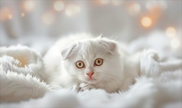 A white kitten with wide eyes lies on fluffy white bedding, with bokeh lights in background AI