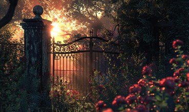 Sunlight filters through a mysterious iron gate into a calm woodland area AI generated