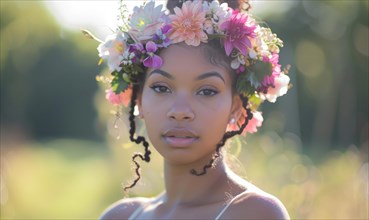 Tranquil woman wearing a flower crown in an outdoor portrait with soft focus AI generated