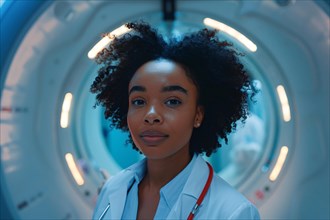 Young female medical professional standing confidently in front of an MRI machine with blue ambient
