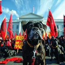 Close-up of a dog wearing a harness at a protest with black flags in the background at white house,