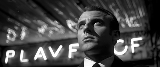 Man in suit in front of a vintage sign, monochrome film noir style, AI generated