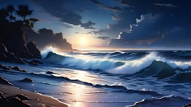 Powerful wave breaking at deserted beach illuminated by moonlight, AI generated
