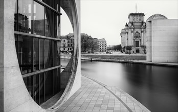 Black and white photography, long exposure, government district with the Spree and the government