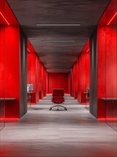 Symmetrical view of a minimalistic red corridor with a lone chair, AI generated