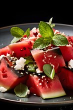 Refreshing watermelon and feta salad mint leaves intricately artfully drizzled, AI generated