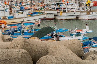 Colorful fishing boats moored closely in a crowded marina on an overcast day, in Ulsan, South