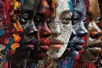 A composite image of mosaic-style portraits in vibrant colors conveying cultural diversity,