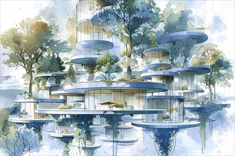 Artistic impression of a serene, futuristic architecture amidst nature with organically shaped