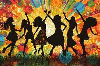 Silhouettes of people dancing joyfully against a colorful abstract background, illustration, AI