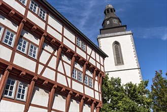 Leib'sches Haus, medieval half-timbered building as Upper Hesse Museum, Gothic bell tower of the