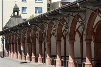 Historic market arbours, archway with columns, arcades, Giessen weekly market market, old town,
