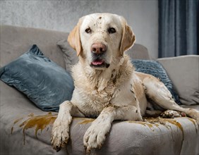 Labrador dog dirty muddy wet, lying on a sofa in the living room, AI generated, AI generated