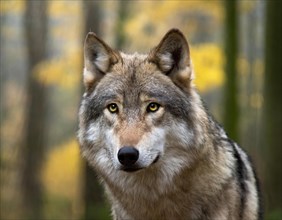 Animal, wolf, portrait, head only, background forest, AI generated, AI generated