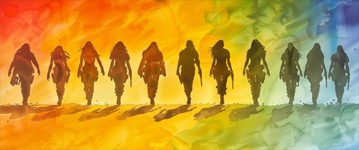Silhouettes of women walking together in an abstract watercolor gradient of rainbow colors, banner