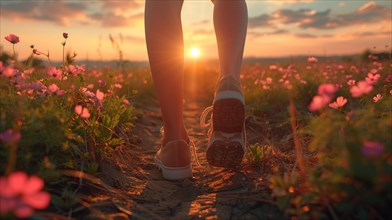 Close-up of person walking through a field with flowers at sunset, AI generated