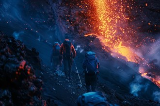 Tourists, hiking group, expedition, onlookers on the way to an active volcano, surrounded by hot,