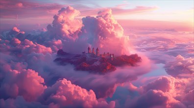 A castle atop floating rocks surrounded by dreamy pink-hued clouds at sunset, ai generated, AI