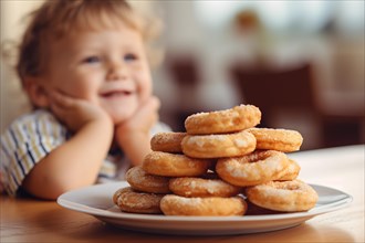 Plate with sweet donuts with happy child in blurry background. Unhealthy eating concept. KI