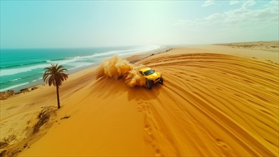 Yellow car speeding through sandy desert dunes, action sports photography, AI generated