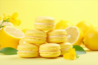 Stacks of yellow lemon flavored French macaron sweets. KI generiert, generiert, AI generated