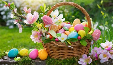 Spring-like Easter basket with colourful eggs and flower decorations in nature, Easter symbol, AI