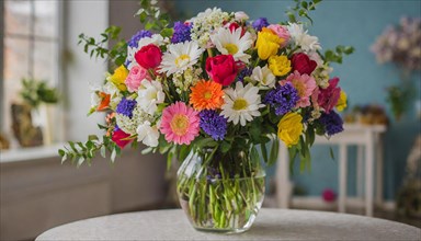 A large bouquet of colourful spring flowers in a vase stands on the table, spring, AI generated, AI