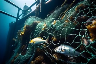 Trawl net overflowing with a diverse mix of marine life, AI generated