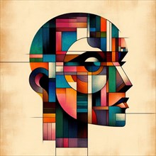 Colorful abstract geometric cubist portrait, square aspect, AI generated