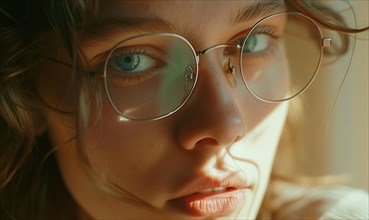 Determined woman in close-up viewed through glasses with sidelong lighting AI generated