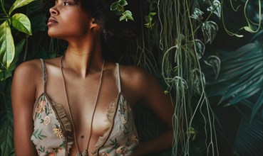 An intimate portrait of a woman in lingerie surrounded by lush greenery and earthy tones AI