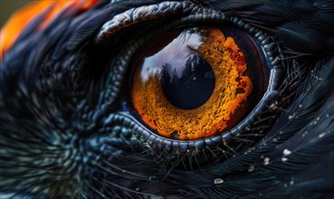 A close-up image of a bird with a striking orange eye and black feathers AI generated