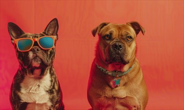 Two calm dogs in sunglasses and collars looking aside against a red background AI generated
