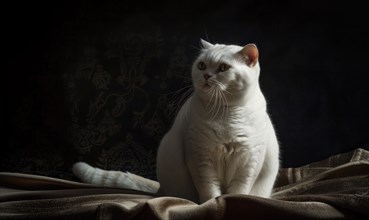 White cat with a regal posture highlighted by dramatic lighting and contrasting shadows AI
