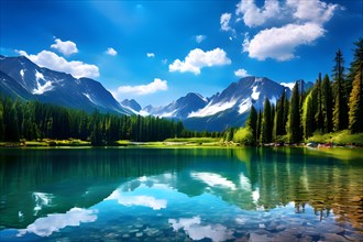 Serene summer lake dense forests reflection in a calm surface with bright blue sky with fluffy