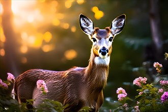 Deer in summer clearing with golden dusk light, AI generated